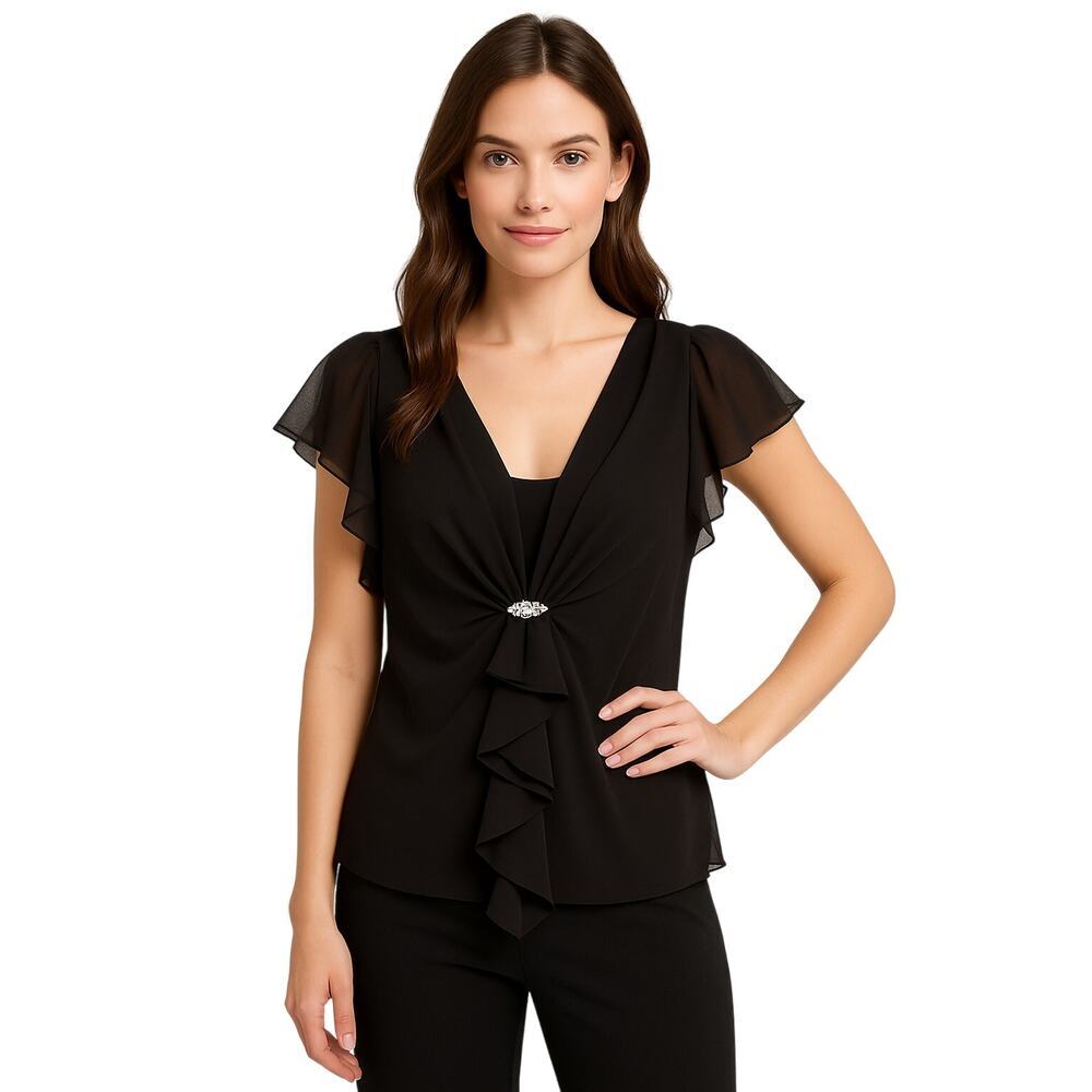 David’s Bridal Chiffon Ruffle-Front Top with Rhinestone Accent, Black, Size 10